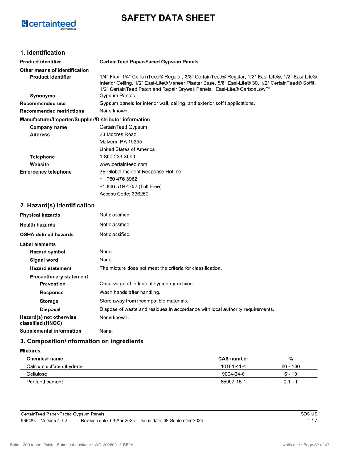 The Safety Data Sheets index at the back of the package: each sheet once, with the products it covers and its page